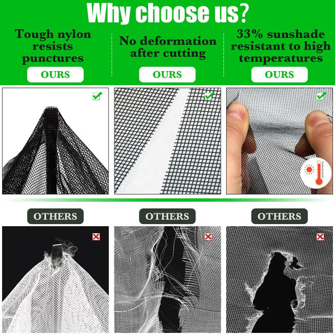 Comparison of Heavy Duty Garden Mesh Netting 9.8 X 16.4 Ft With Upgraded PPT Nano Material showing strength and sun resistance