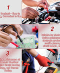 Long Silicone Multimeter Test Leads Kit in use for car repair, electronics maintenance, and household circuit testing shown in three images.