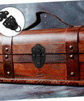 Eight Piece Retro Duckbilled Hasp Lock Set for luggage and antique boxes on a wooden chest, black zinc alloy.