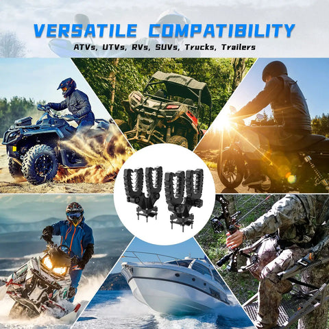 ATV Dual Tool Holder With Bow Rack Grips And Rubber Straps, Tiltable Mount, showcases versatility on different vehicles.