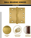 Rock Solid Heavy Duty Ball Bearing Door Hinges 4x4 Inch Solid Brass Satin Brass Finish Set Of 6 Built To Last For Heavy Doors