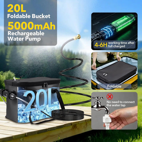 Portable Misting System With 5000mAh Rechargeable Pump, 20L Water Bucket, 9.8Ft Hose, showing foldable bucket and battery