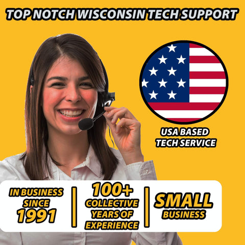 Woman with headset providing USA based tech support service for small Wisconsin business, in operation since 1991.