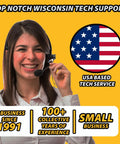 Smiling woman with headset, USA flag, tech support text for Wisconsin-based service, 1991 business, 100+ years experience