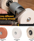 Close-up of Three-Wheel Mini Bench Grinder With Versatile Wheels for Metal, Wood, Knife Making, Jewelry Buffing, and Stone Work
