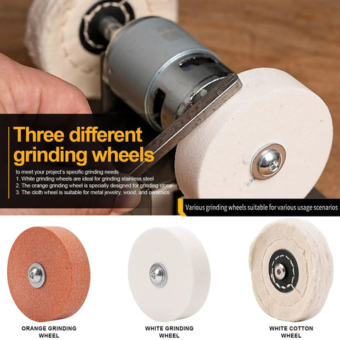 Close-up of Three-Wheel Mini Bench Grinder With Versatile Wheels for Metal, Wood, Knife Making, Jewelry Buffing, and Stone Work