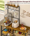 Baker's Rack With Power Outlet For Kitchen Organization No Brainer, Microwave Stand With 10 S Shaped Hooks, Rustic Brown shown
