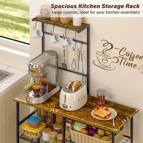 Baker's Rack With Power Outlet For Kitchen Organization No Brainer, Microwave Stand With 10 S Shaped Hooks, Rustic Brown shown