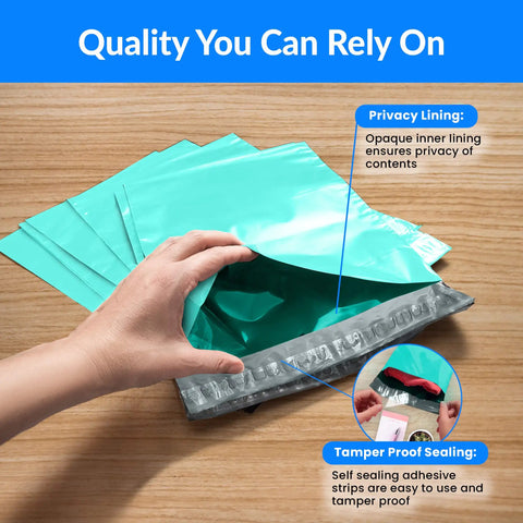 Teal 10x13 Inch Poly Mailers 220 Pcs Self Sealing Non Padded Shipping Bags with hand showing inner privacy lining