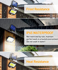Solar Outdoor Flood Lights 2 Pack Waterproof LED With Motion Sensor on house demonstrating frost, water, and heat resistance