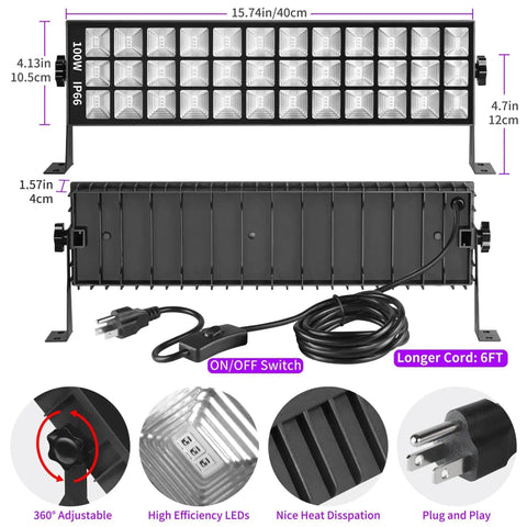 Two Pack 100W LED Black Light Bar 385-400nm Ultra Bright UV Glow Lights with adjustable bracket and long cord features.