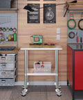 Smooth Rolling Heavy Duty Prep Table Wheels Set Of 4 Expanding Stem Casters Fit 7/8 To 1 Inch Inner Tube Legs shown on a mobile workbench.