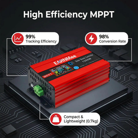 Beefy High Efficiency MPPT Solar Charge Controller 1200W 72V 60V 48V With LCD Display showcased with specs and compact design