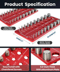 Front view of JoblikeBrez thread checker board, red aluminum with 40 bolt studs and metric/imperial gauge