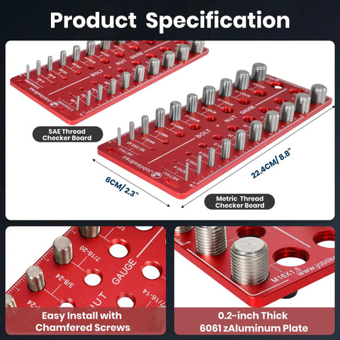 Front view of JoblikeBrez thread checker board, red aluminum with 40 bolt studs and metric/imperial gauge
