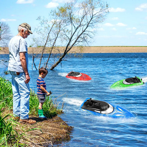 3 Pack High Speed RC Boats For Kids And Adults racing on lake, child and man watching, 2.4G remote control, family fun water toy set