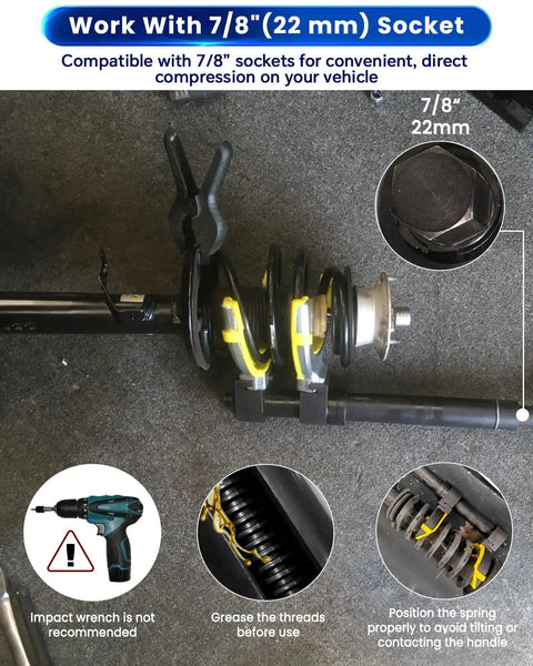 Image of MacPherson Strut Spring Compressor Kit Universal Interchangeable Fork Coil Extractor Tool Set for BMW and Mercedes Benz, displayed with 7/8 inch socket and safety instructions.