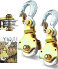 Hella Sturdy 2 Pack Snatch Block Pulley With Swivel Eye And Hoist Hook 2 Ton 4400 Lbs Capacity Zinc Coated Steel close-up view