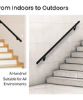 Aluminum Handrail Kit For Indoor And Outdoor Steps And Stairs mounted on wall by wooden and concrete stairs, shown indoors and outdoors.