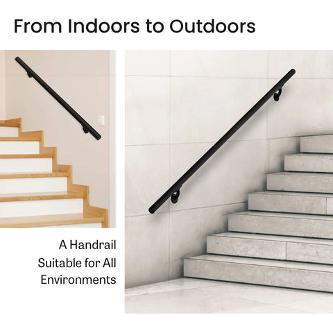 Rock Solid Black Textured Aluminum Handrail For Indoor Outdoor Steps No Sweat Diy Stair Railing Kit with smooth finish in indoor and outdoor settings.