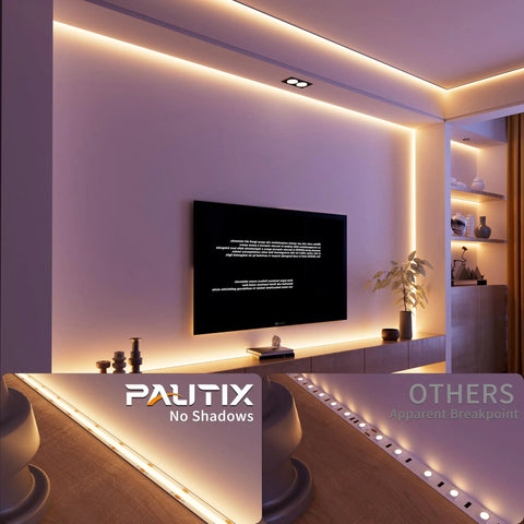 Lit 2700K COB LED Strip Light Kit With 16.4 Ft Of Dimmable Warm White LEDs, 2520 Chips, 24V DC installed in modern living room