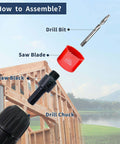 LAIWEI HSS hole saw kit exploded view showing drill bit, red serrated hole saw blade, black arbor, and drill chuck.