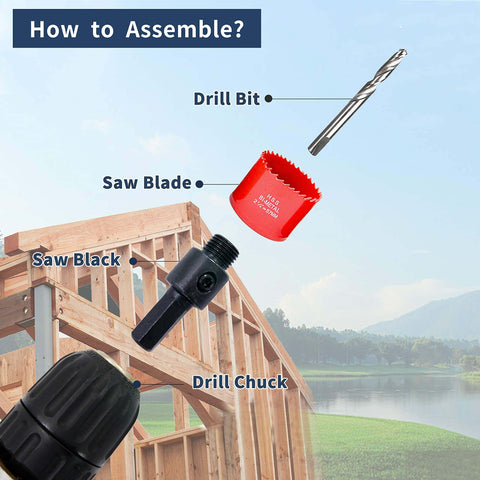 LAIWEI HSS hole saw kit exploded view showing drill bit, red serrated hole saw blade, black arbor, and drill chuck.