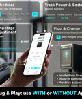 Hand holding smartphone displaying EV charger app features next to Level 2 EV Charger For Non Tesla EVs, 48A At 240V, 25ft Cable, J1772.