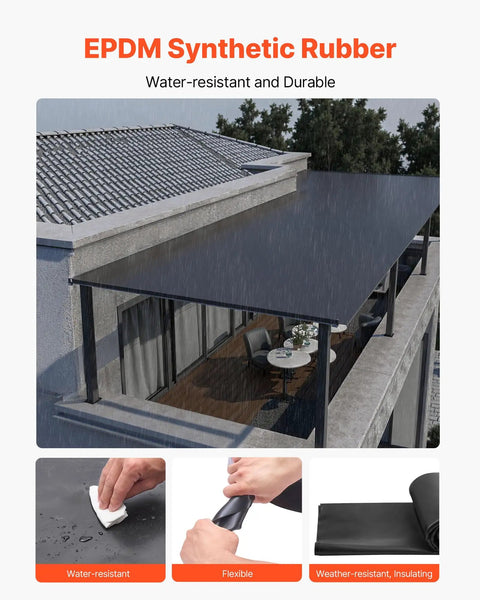 EPDM Synthetic Rubber roofing under light rain, showcasing weather-resistant and durable features, shown on a building rooftop.
