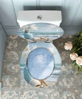 Resin Round Toilet Seat with Cover for Bathroom featuring beach design and floral pattern, top view installation.