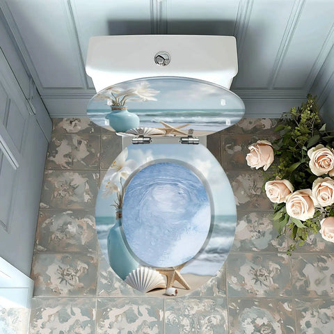 Resin Round Toilet Seat with Cover for Bathroom featuring beach design and floral pattern, top view installation.