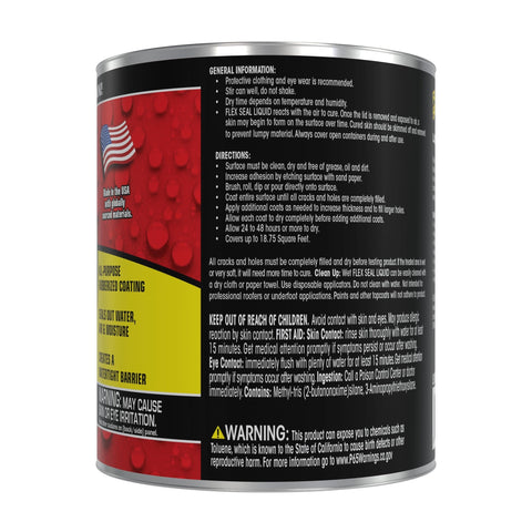 Side view of 16 oz Liquid Rubber Sealant container showing usage instructions and safety warnings.