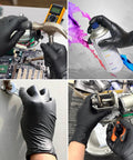 TitanFlex black nitrile gloves, 8 mil, XL; latex-free, powder-free, worn for electronics repair and machinery tasks