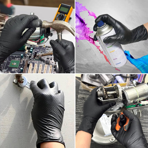 TitanFlex black nitrile gloves, 8 mil, XL; latex-free, powder-free, worn for electronics repair and machinery tasks