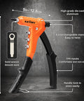One-Handed 9.5 Inch Rivet Nut Tool Kit with 8 mandrels, die-cast aluminum body, ergonomic handle, shown with dimensions