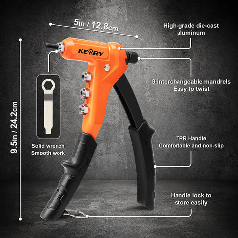 One-Handed 9.5 Inch Rivet Nut Tool Kit with 8 mandrels, die-cast aluminum body, ergonomic handle, shown with dimensions
