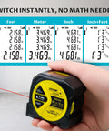 Go To Pro Grade Dual Mode Laser Tape Measure And Distance Meter With 164 Ft Laser Range And 16 Ft Manual Tape showing feet, meter, inch modes
