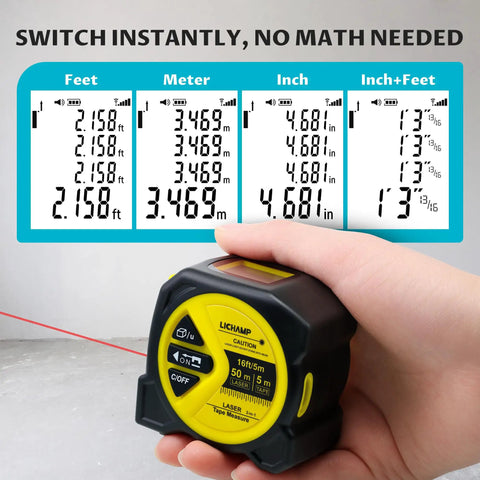 Go To Pro Grade Dual Mode Laser Tape Measure And Distance Meter With 164 Ft Laser Range And 16 Ft Manual Tape showing feet, meter, inch modes