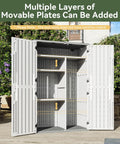 Alt Tag: Outdoor Resin Storage Shed With Floor, 64 Cu Ft Vertical Storage Shed showing four-door access and adjustable shelves.