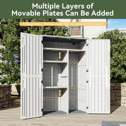 Alt Tag: Outdoor Resin Storage Shed With Floor, 64 Cu Ft Vertical Storage Shed showing four-door access and adjustable shelves.