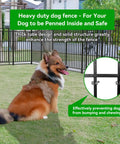 Heavy Duty Dog Playpen 12 Panels 47 Inches High With Solid Iron Crossbars And Reinforced Square Steel Frame 27 Foot Perimeter 57 Sq Ft Portable Yard And RV Camping Fence In Snowy Black, features a dog inside on grass, highlighting solid iron crossbars.