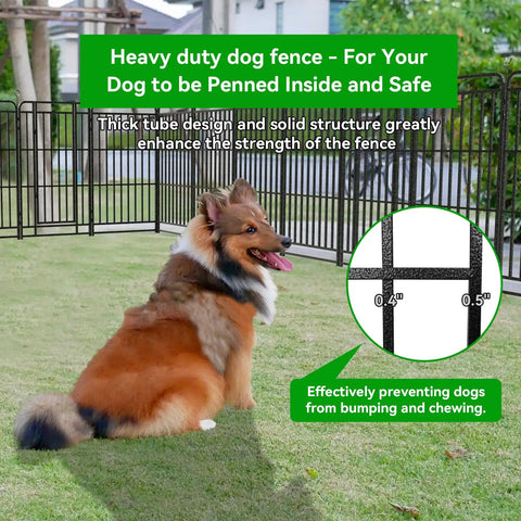 Heavy Duty Dog Playpen 12 Panels 47 Inches High With Solid Iron Crossbars And Reinforced Square Steel Frame 27 Foot Perimeter 57 Sq Ft Portable Yard And RV Camping Fence In Snowy Black, features a dog inside on grass, highlighting solid iron crossbars.