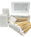 Gun cleaning kit in clear storage box including 300 patches, 200 6-inch cotton swabs, and lint-free cloths