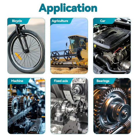 Image showing applications of 900Pcs E Clips And C Clips All In One Assortment Kit in agriculture, bicycle, car, machine, fixed axis, bearings.