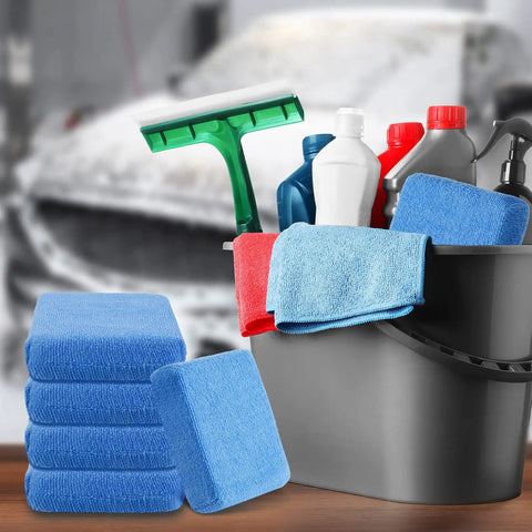 Blue 32 Pack Microfiber Applicator Pads For Car Detailing Soft Foam Buffing Sponges Pro Grade Ideal For Wax Ceramic Coating Polish Reusable Washable Car Care Tools in bucket with bottles