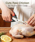 Heavy Duty Kitchen Scissors Three Pack Set Stainless Steel Kitchen Shears cutting raw chicken on a wooden board.