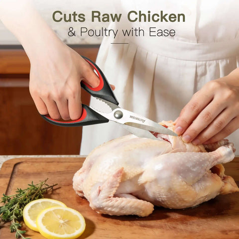 Heavy Duty Kitchen Scissors Three Pack Set Stainless Steel Kitchen Shears cutting raw chicken on a wooden board.