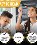 Students examining a Pocket Metal Periodic Table Card For Chemistry Nerds, Wallet Size Reference with colored elements in classroom