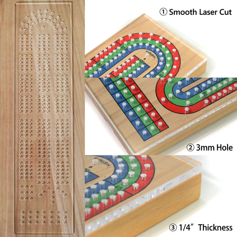 Clear Acrylic Cribbage Board Template Kit With Twelve Colorful Counting Pegs For Game Night Essentials, 9.5x38 cm size, 3mm holes.