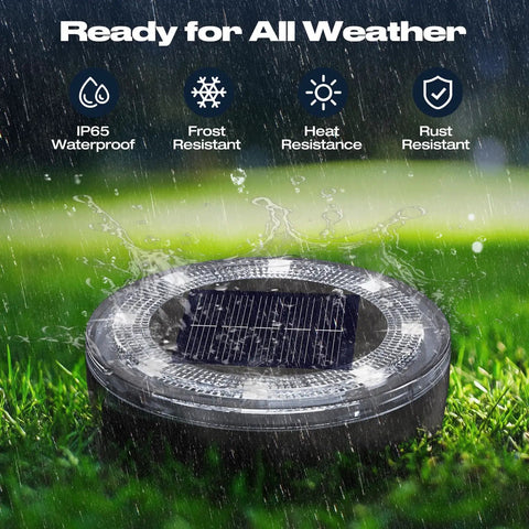 12 Pack Solar Ground Lights Low Profile Flat Disc LED Pathway Lights Outdoor Waterproof Mower Safe For Garden Patio Yard Driveway 2.2 Inch Cold White Lighting showing IP65 waterproof, frost, heat, and rust resistance in rainy conditions